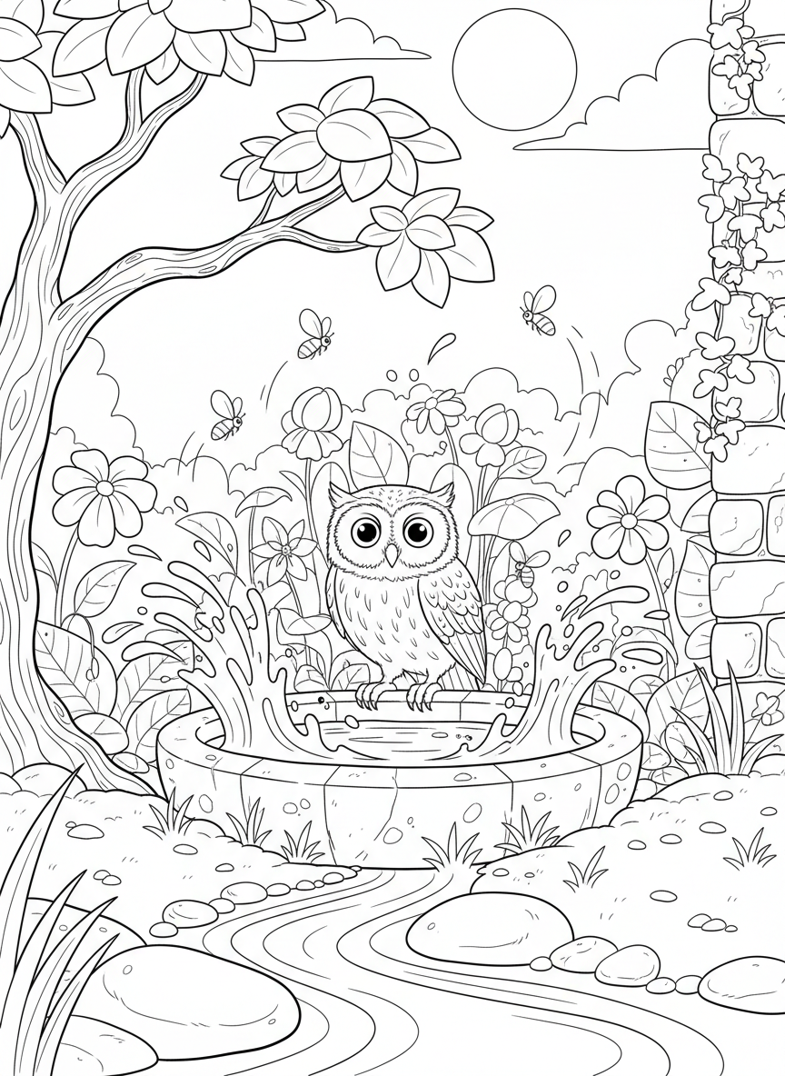 A screech owl taking a bath in a birdbath, with water droplets splashing around and fireflies in the background