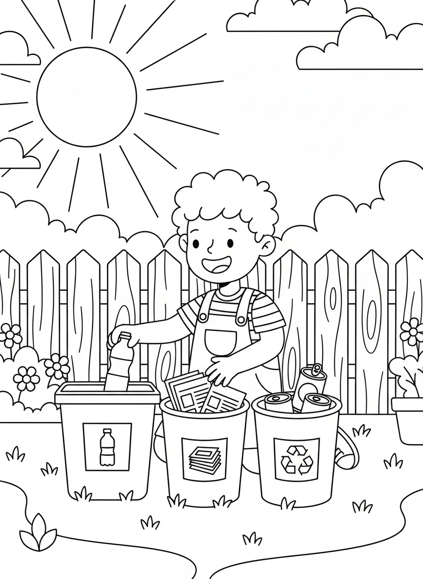A cheerful child sorting plastic bottles, paper, and cans into three labeled recycling bins in a sunny backyard, simple line art with clear shapes.