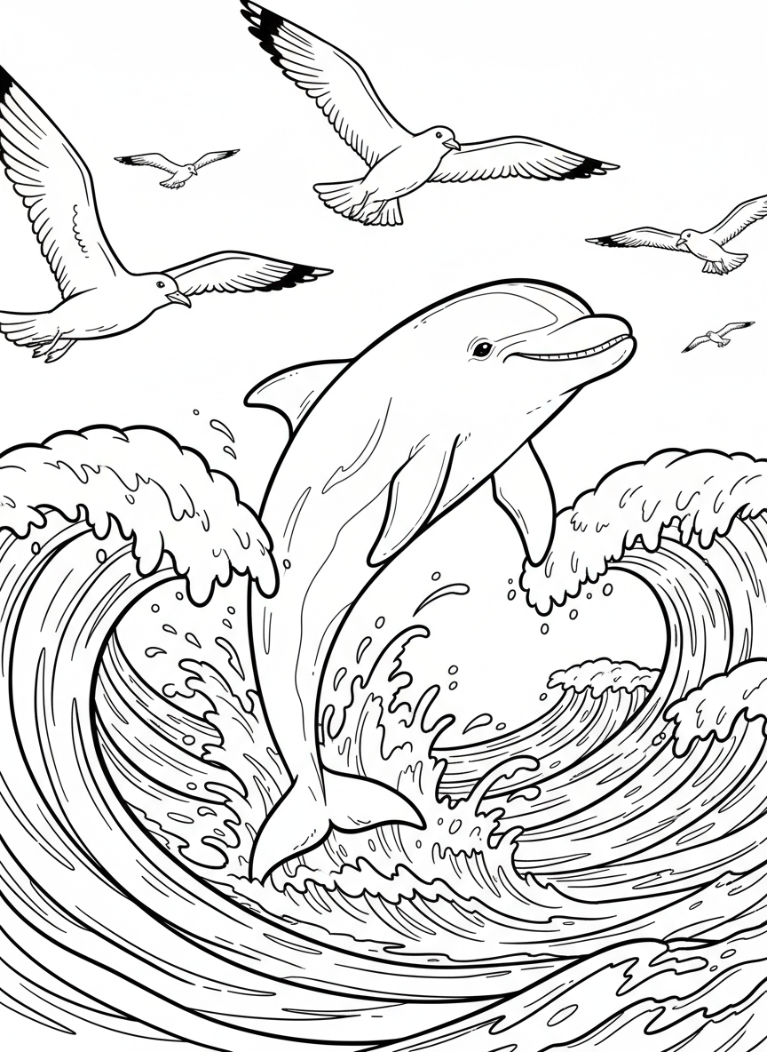 A smiling dolphin jumping out of ocean waves with seagulls flying overhead, dynamic action pose.