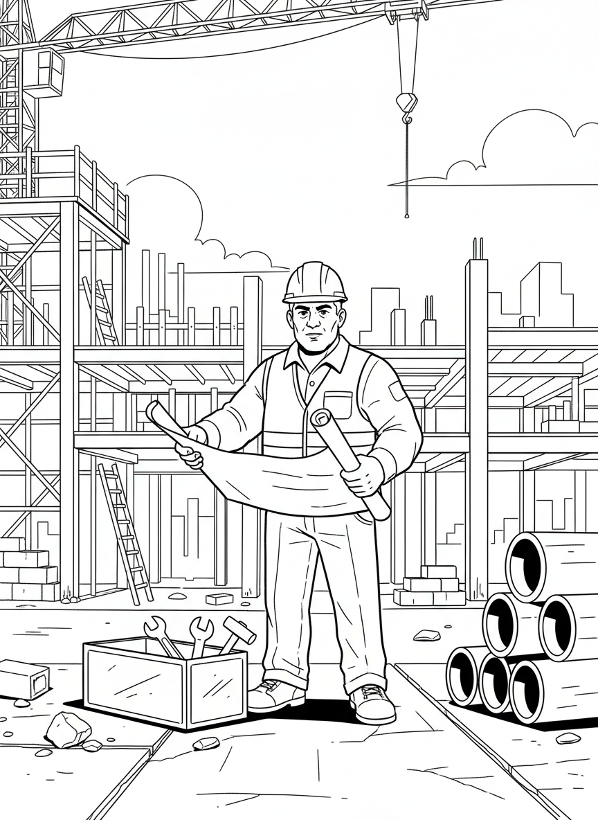A construction foreman holding blueprints, standing next to a toolbox with a partially built structure in the background.