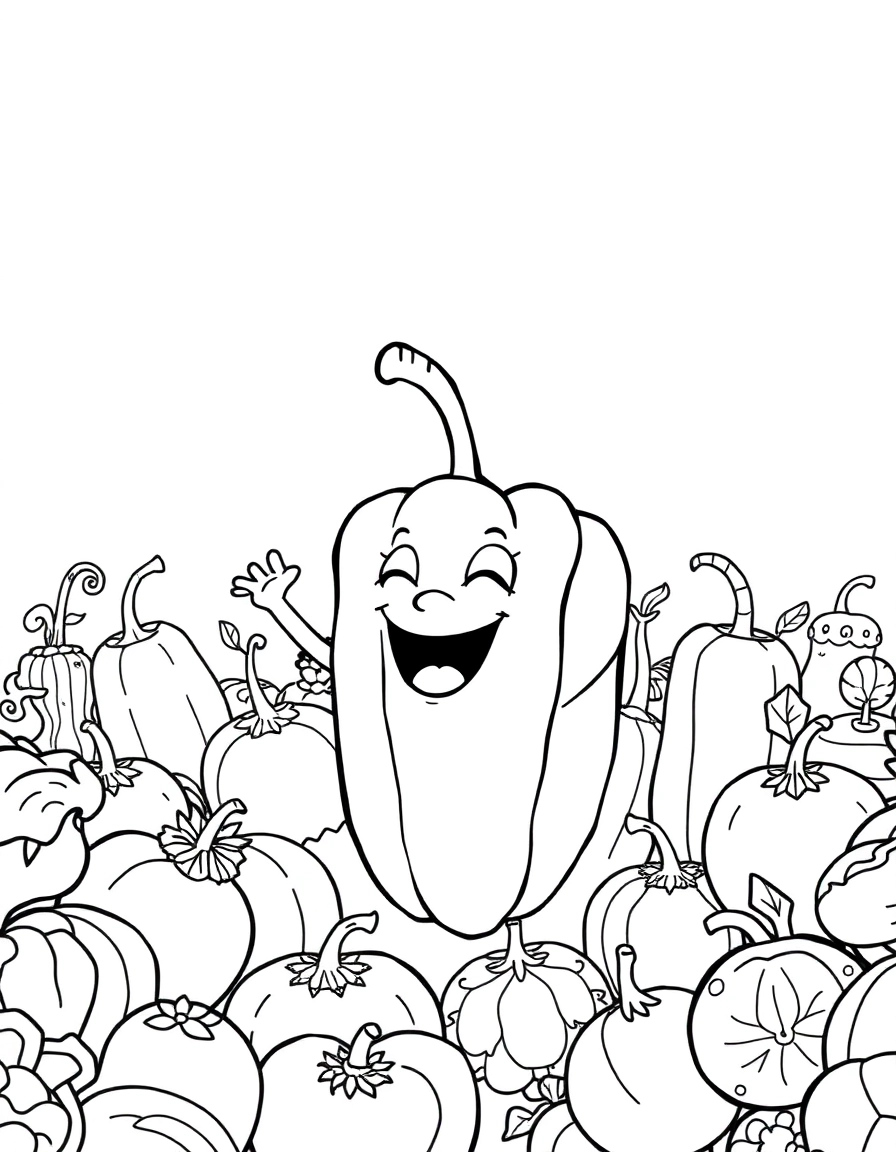 A cheerful bell pepper giving a speech to a crowd of other vegetables.