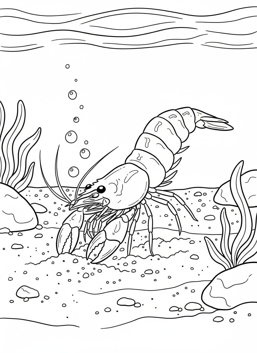 A ghost shrimp burrowing into sandy tide pool bottom, with its translucent body and digging claws shown, bubbles rising up.