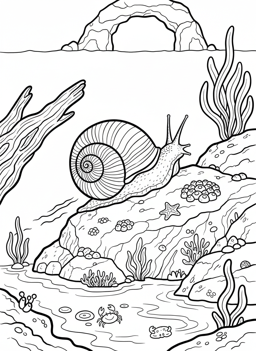 A sea snail slowly crawling across a rock covered with algae, leaving a trail, with small tide pool creatures nearby.