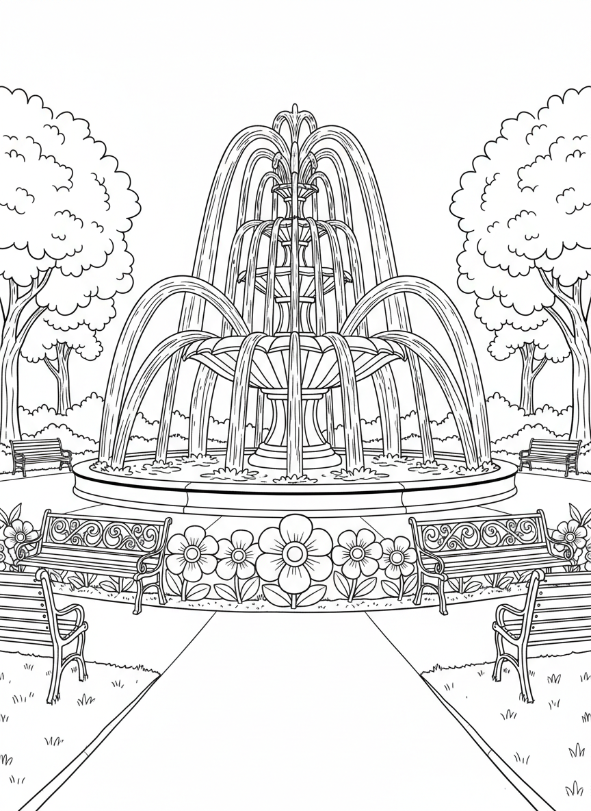 The Friendship Fountain spraying water in a beautiful pattern with park benches and flowers around it, symmetrical design