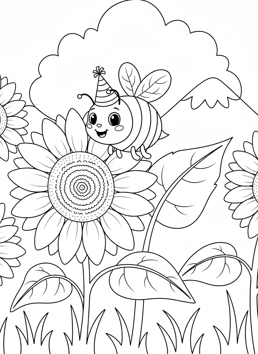 A smiling bee wearing a tiny hat collecting nectar from a large sunflower, simple composition for beginner colorists.
