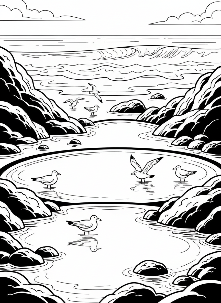 A wide beach scene showing multiple tide pools among rocks during low tide with seagulls and distant waves