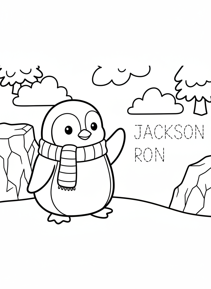 A cute penguin wearing a scarf next to three handwriting rows showing 'JACKSON' in dashed letters, coloring page style