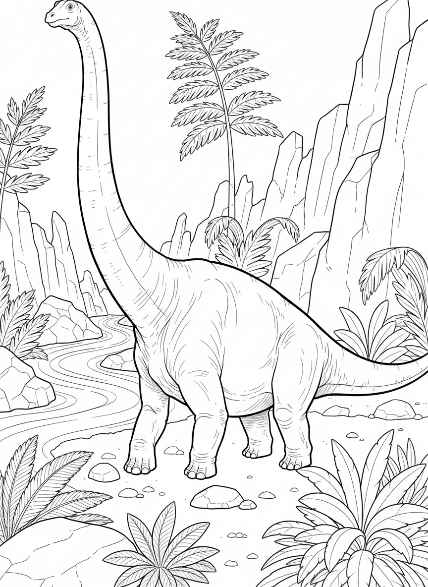 A Diplodocus with an extremely long tail and neck, walking along a riverbank with rocks and prehistoric plants nearby.