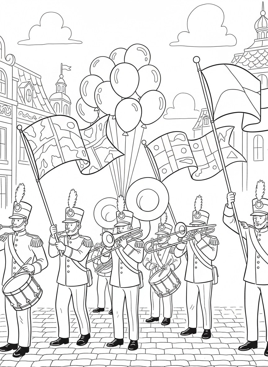 A parade scene with marching band members carrying instruments, flags waving, and balloons floating in the air.