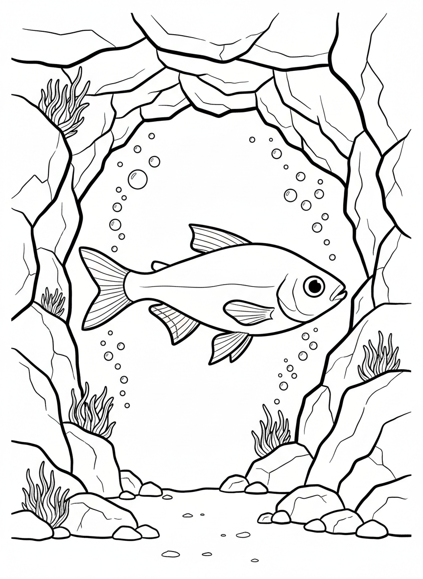 A neon tetra swimming through an underwater tunnel made of rocks with moss and tiny bubbles everywhere