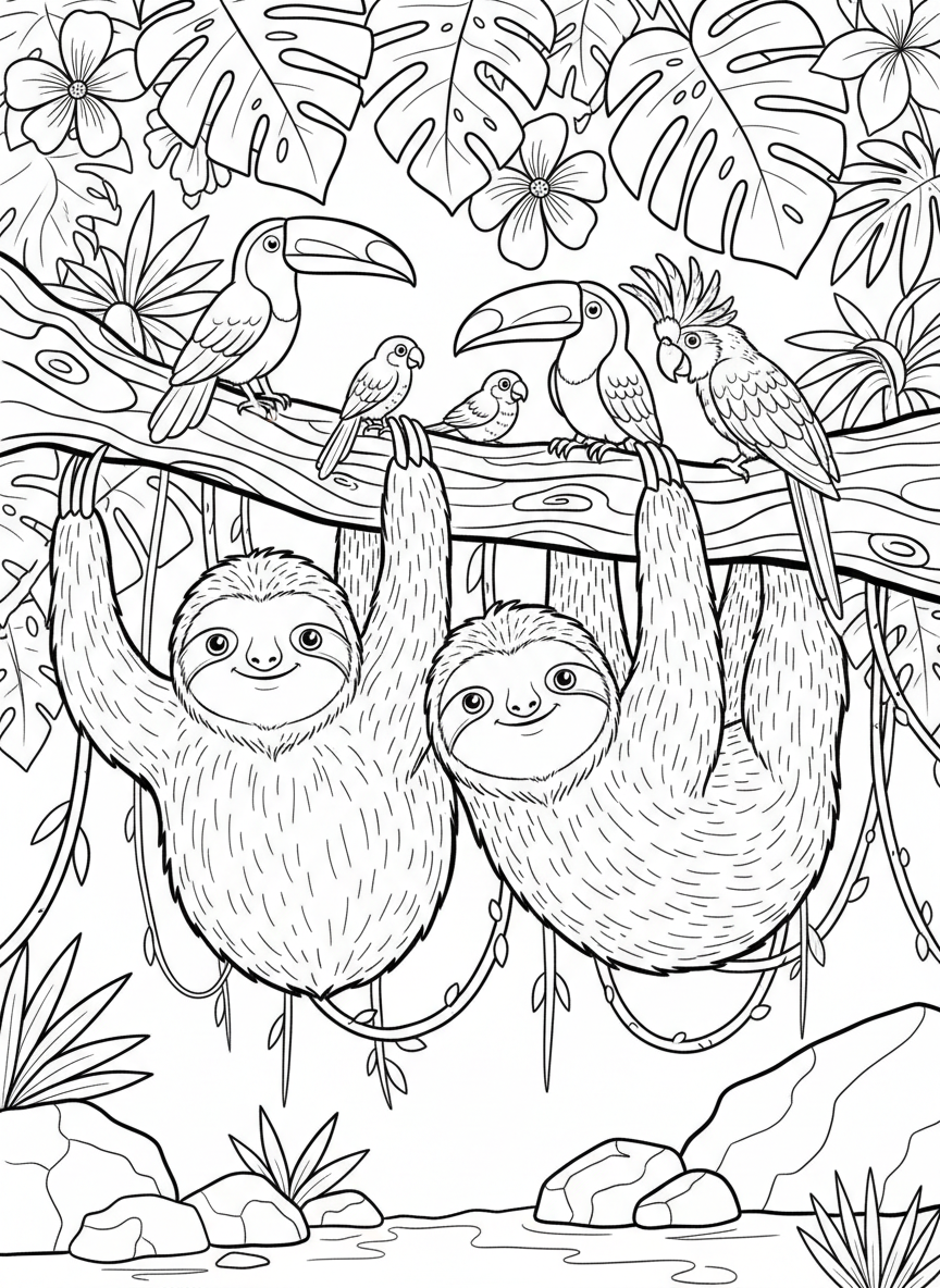 Two sloths hanging side by side from a branch, one waving hello, with tropical birds perched above them