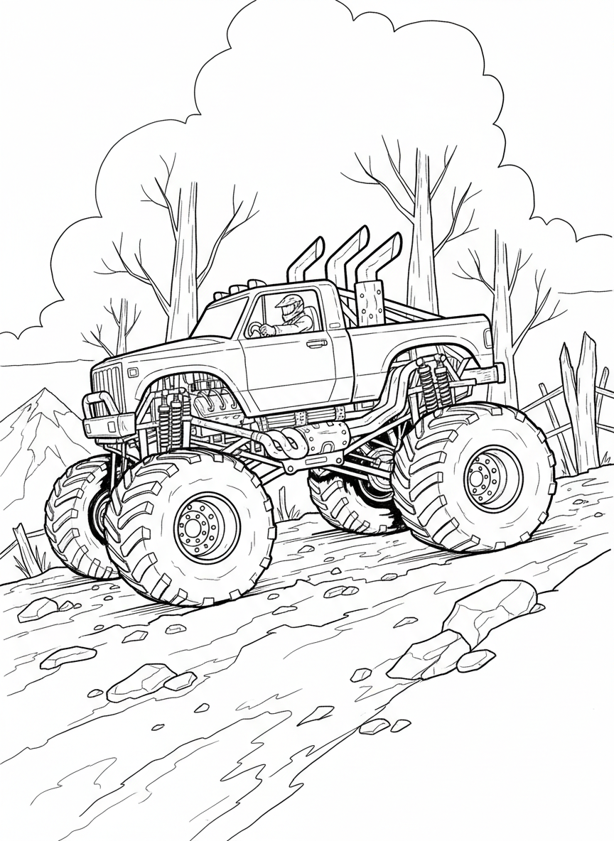 Side view of a detailed monster truck showing the driver in the cab and intricate mechanical parts