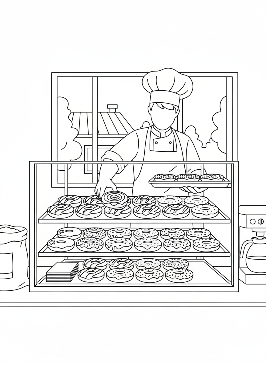 A baker arranging fresh donuts with different toppings in a display case, including sprinkles and glaze