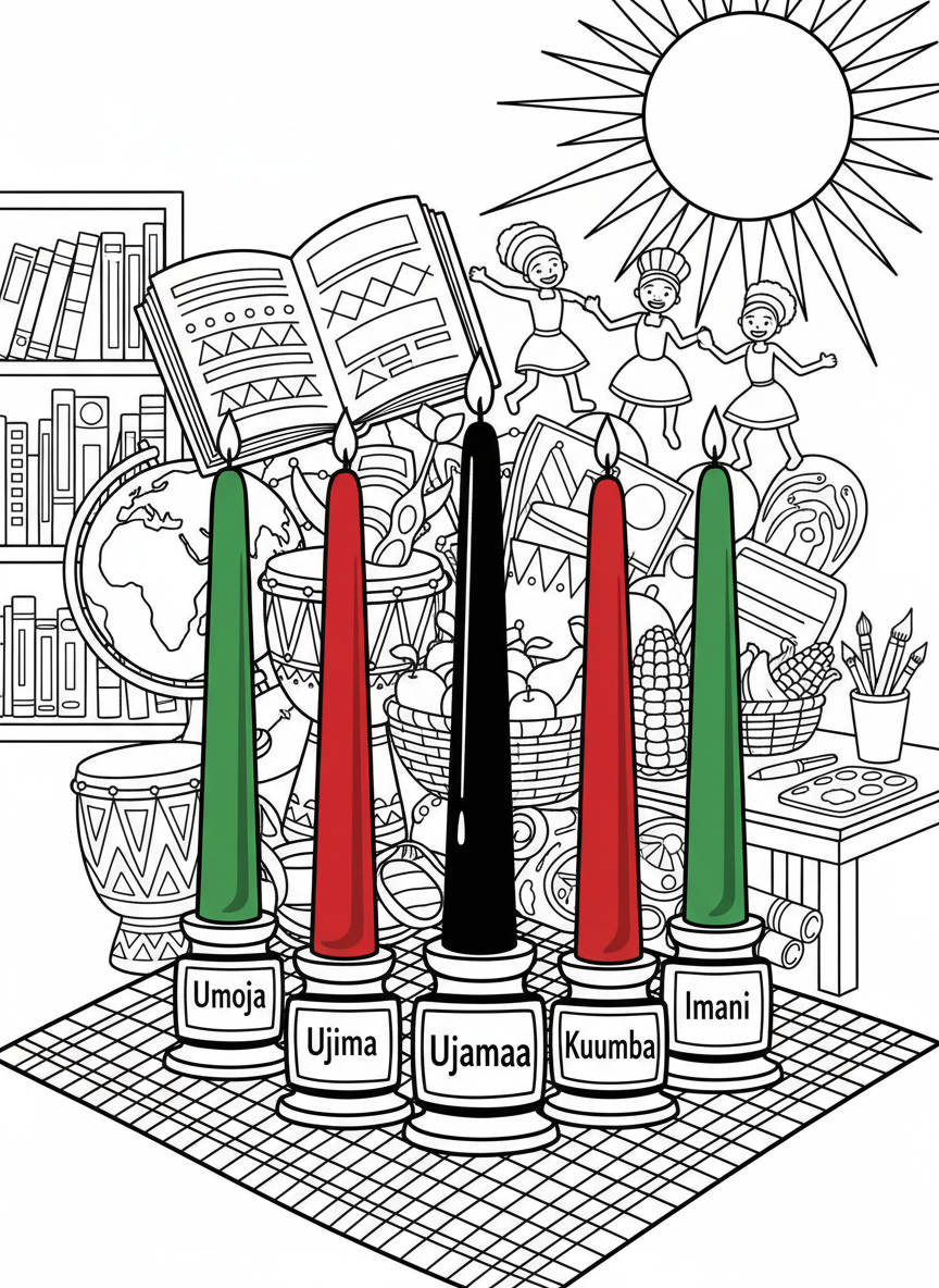 The seven Kwanzaa candles standing tall with small labels beneath each showing the principle names, educational and fun to color.
