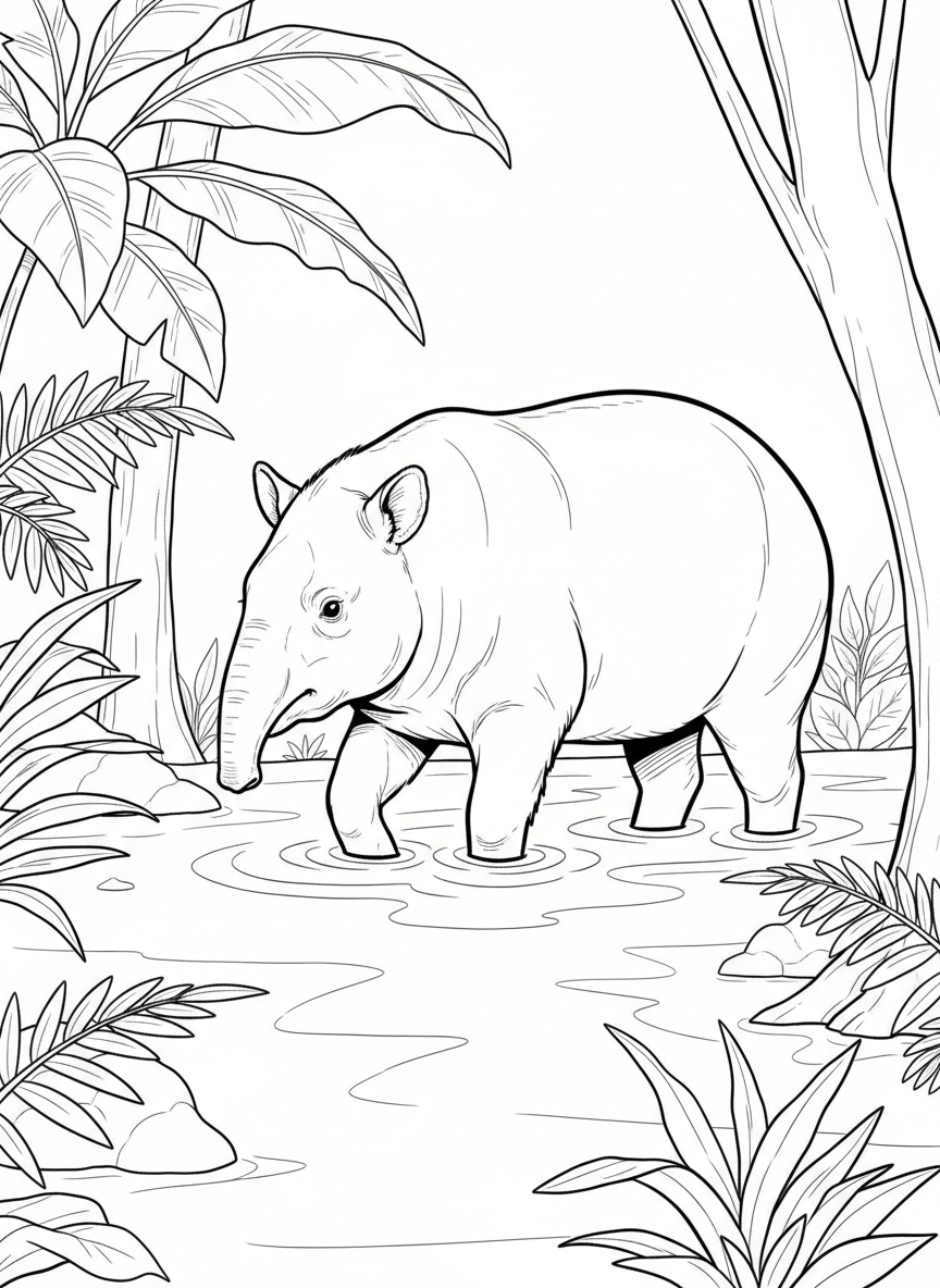 A tapir walking through shallow rainforest water, with its distinctive trunk-like snout, rounded body, and short legs.