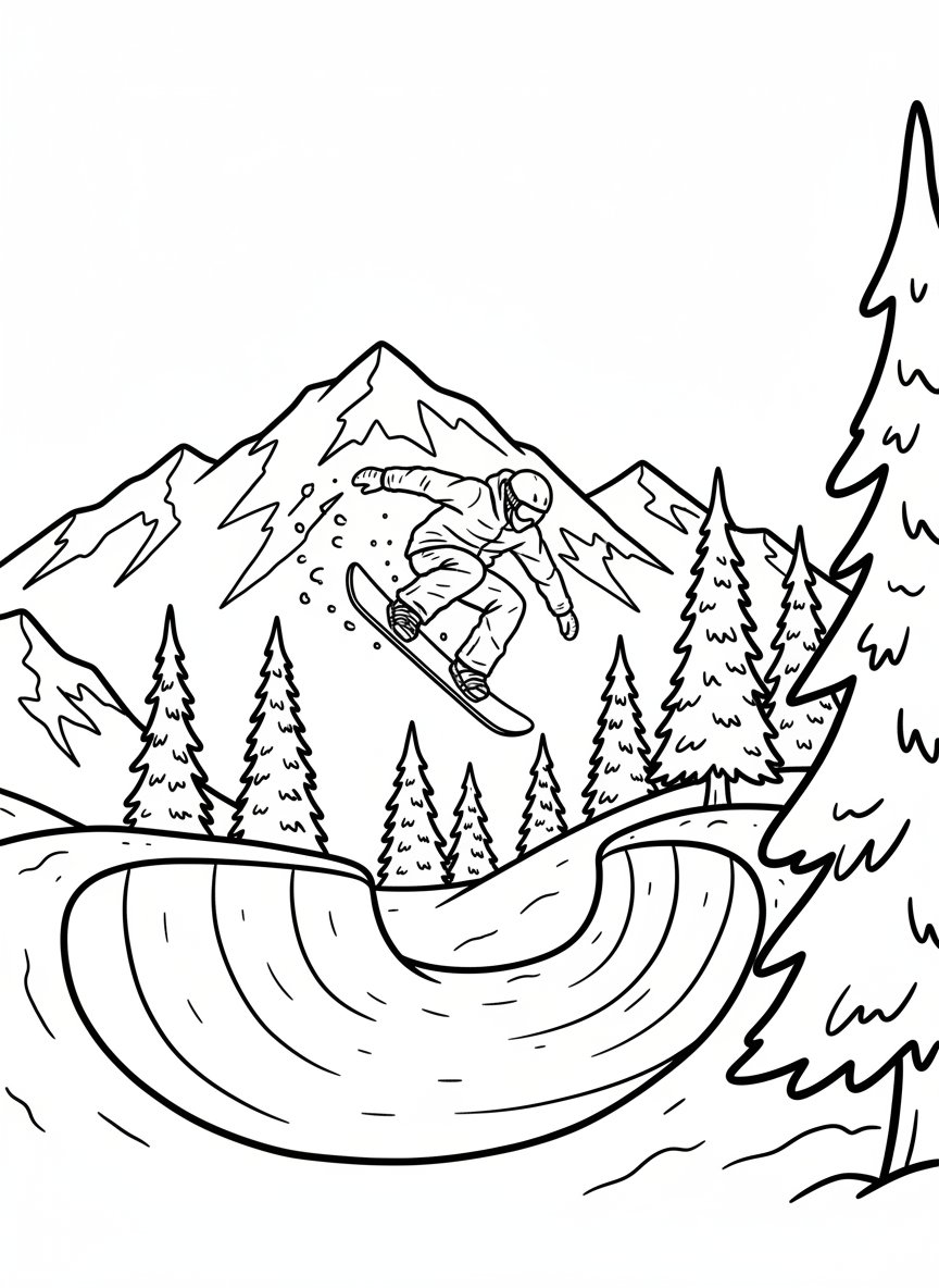 A snowboarder mid-jump doing a trick in the air above a snowy halfpipe, with mountains and pine trees in the distance.