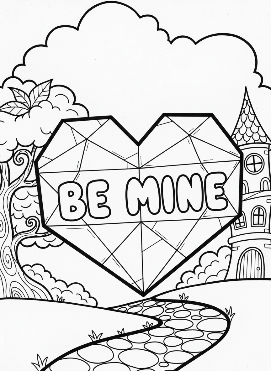A large origami heart with the words 'BE MINE' written in bubble letters across the center, surrounded by fold line details.