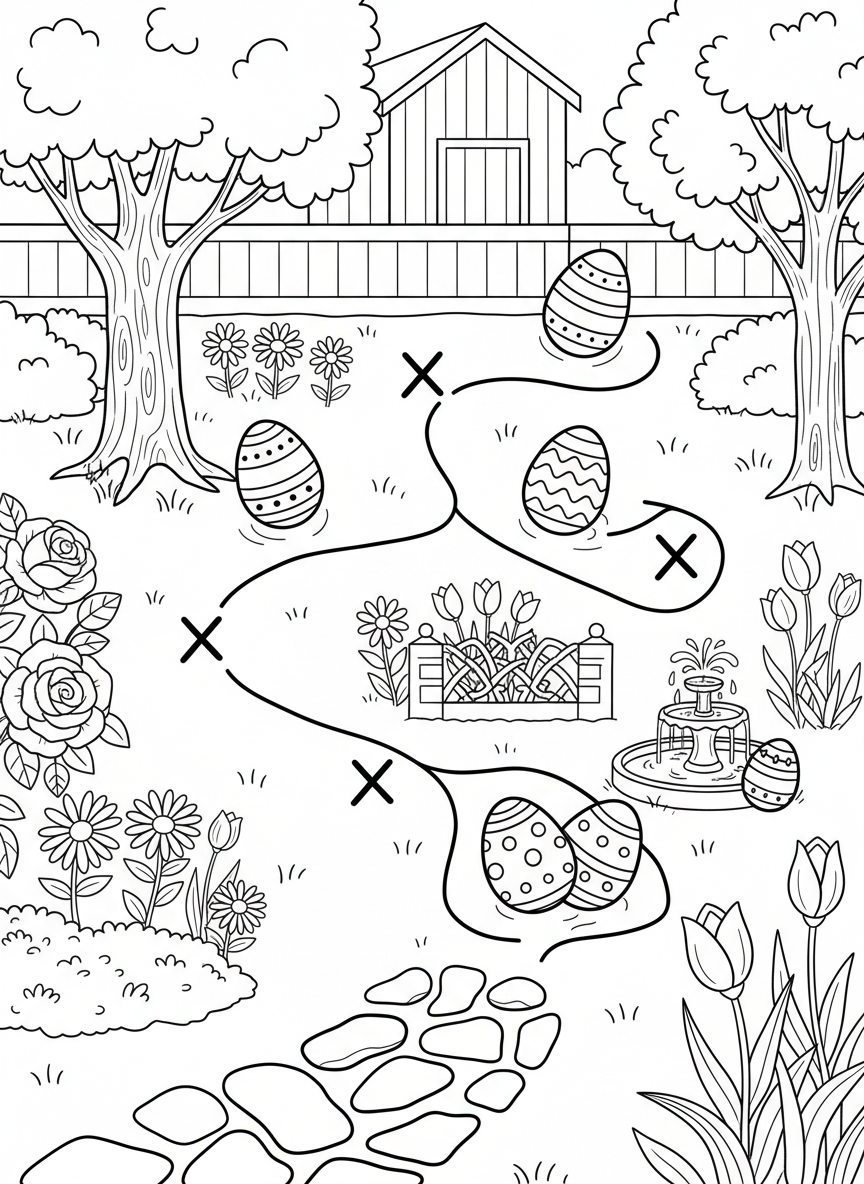 An Easter egg hunt map showing a simple backyard with X marks, trees, flowers, and a path leading to hidden eggs.