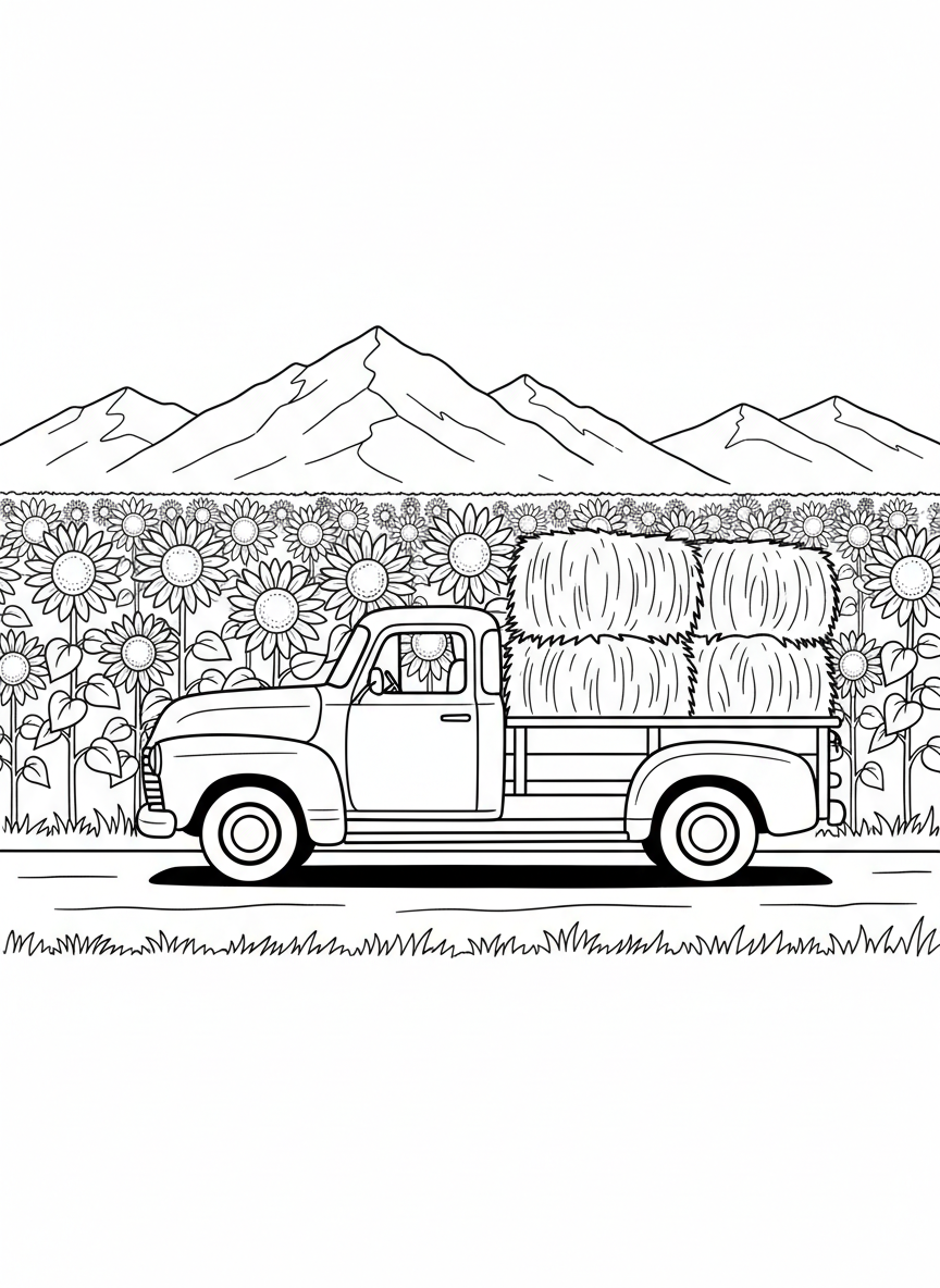 A farm truck loaded with hay bales driving past a sunflower field in full bloom, with mountains in the background.