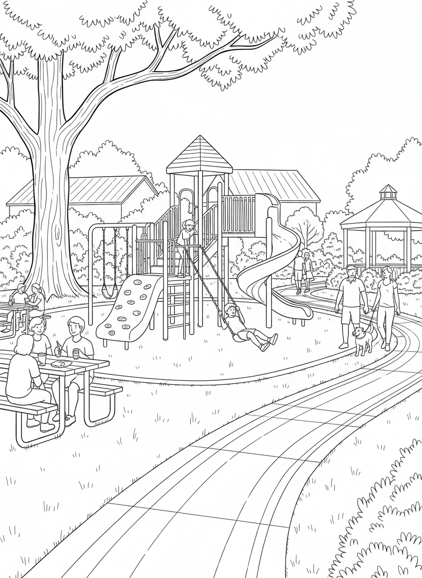 A community park filled with playground equipment, picnic tables, walking trails, and people enjoying outdoor activities.