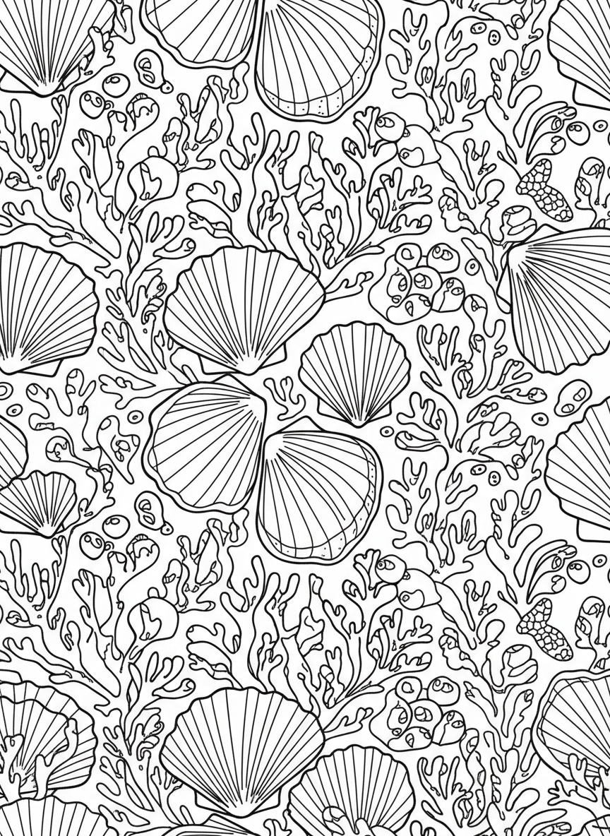 A decorative border design made entirely of repeating seashell patterns and small coral pieces.