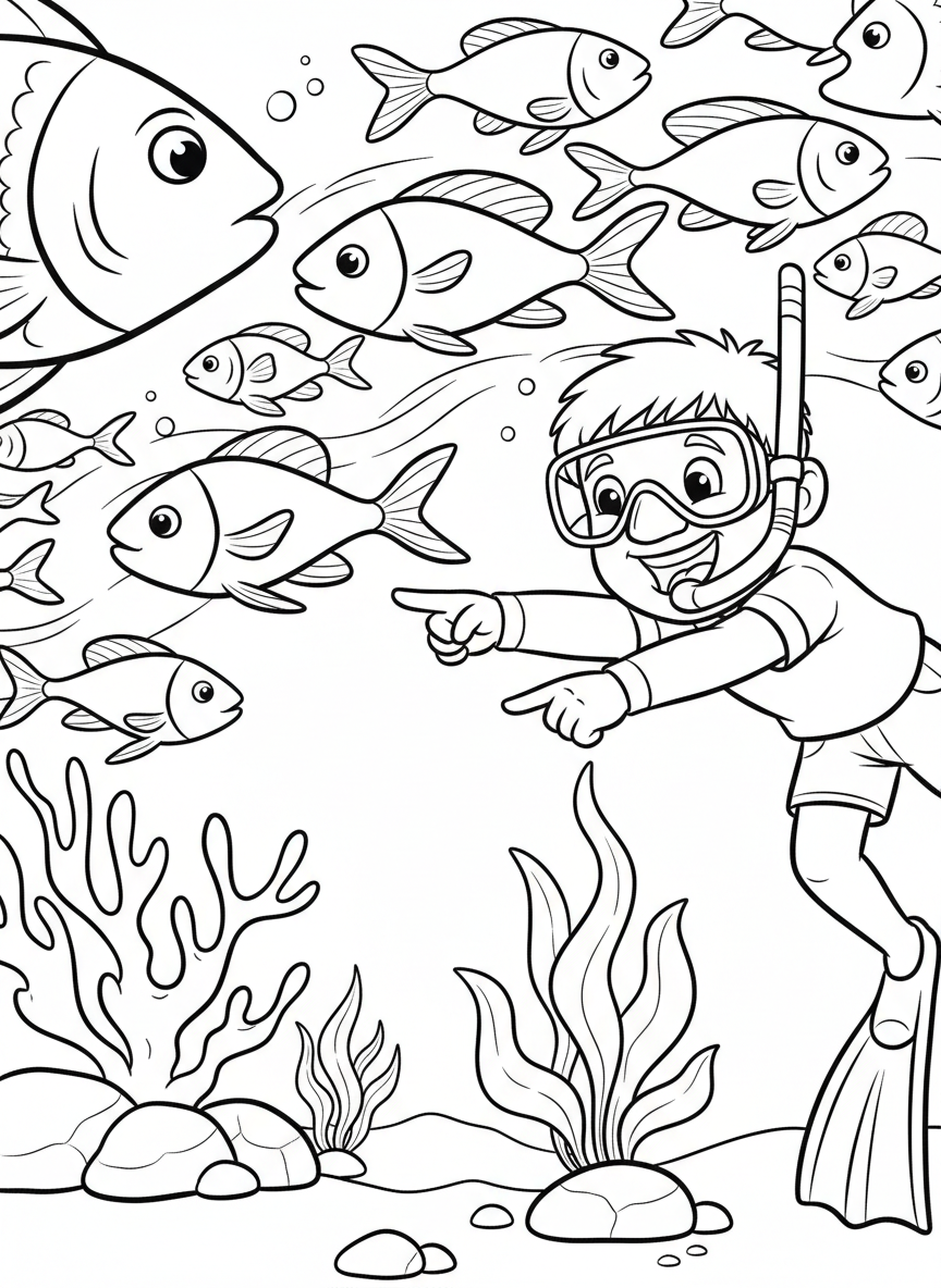 School of colorful fish swimming around a curious child snorkeler who is pointing at them excitedly underwater